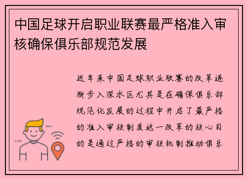 中国足球开启职业联赛最严格准入审核确保俱乐部规范发展